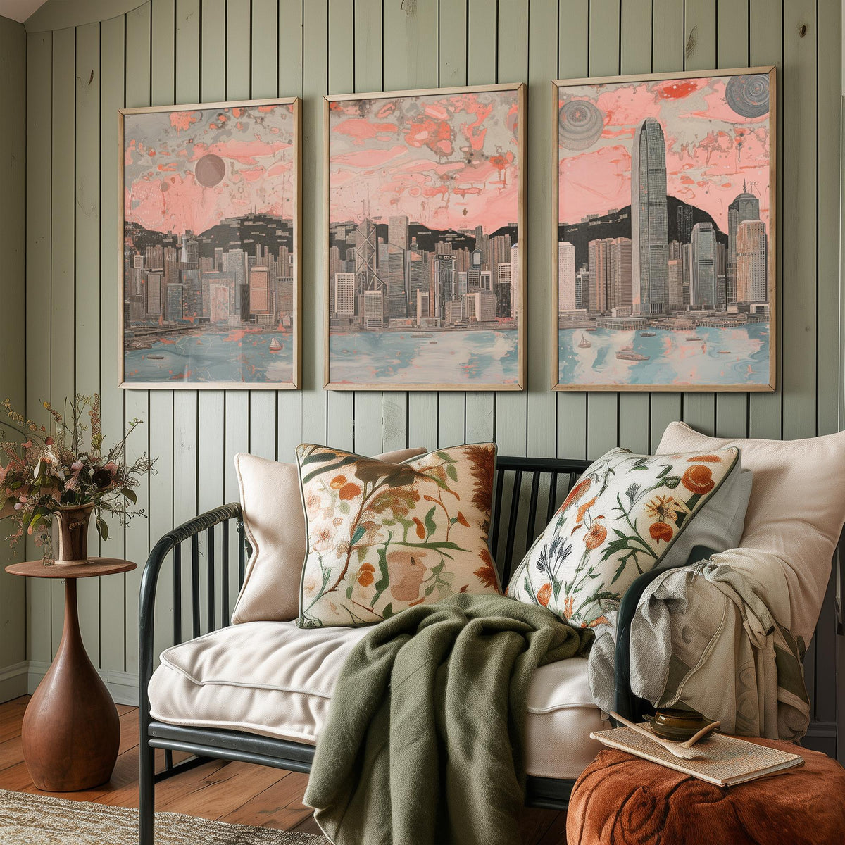 Hong Kong China Skyline Set of Three Prints | Two IFC Bank of China Tower Dusk | Panoramic Harbour Wall Art Poster Painting