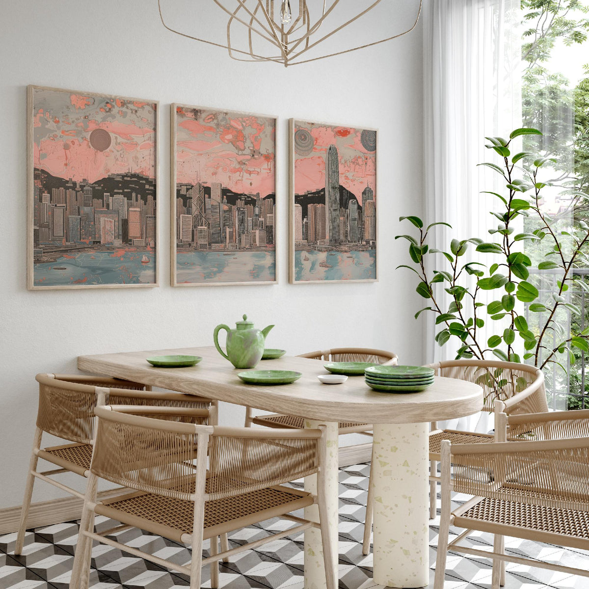 Hong Kong China Skyline Set of Three Prints | Two IFC Bank of China Tower Dusk | Panoramic Harbour Wall Art Poster Painting