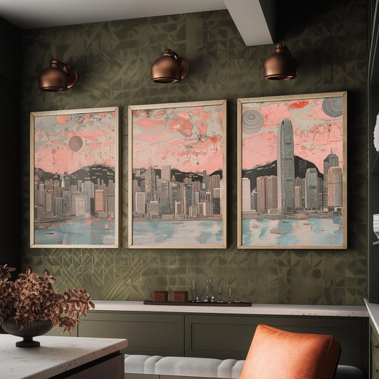 Hong Kong China Skyline Set of Three Prints | Two IFC Bank of China Tower Dusk | Panoramic Harbour Wall Art Poster Painting