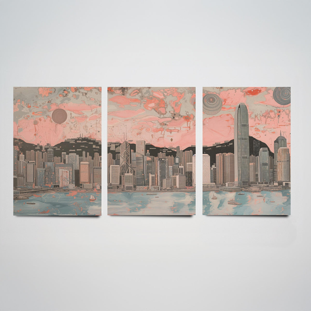 Hong Kong China Skyline Set of Three Prints | Two IFC Bank of China Tower Dusk | Panoramic Harbour Wall Art Poster Painting