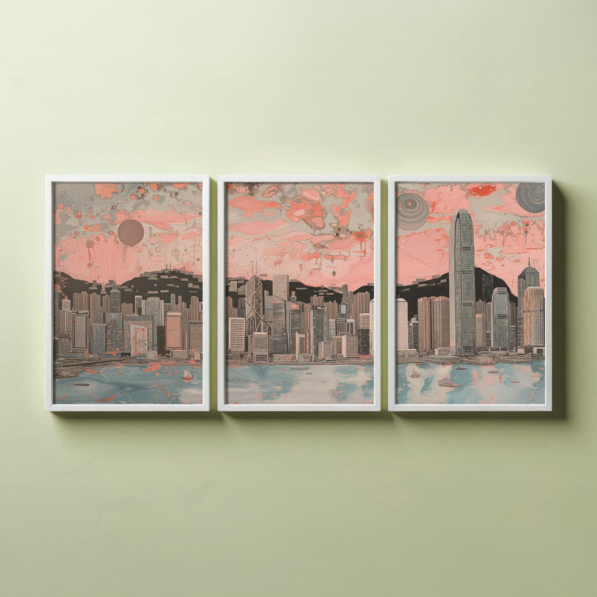 Hong Kong China Skyline Set of Three Prints | Two IFC Bank of China Tower Dusk | Panoramic Harbour Wall Art Poster Painting