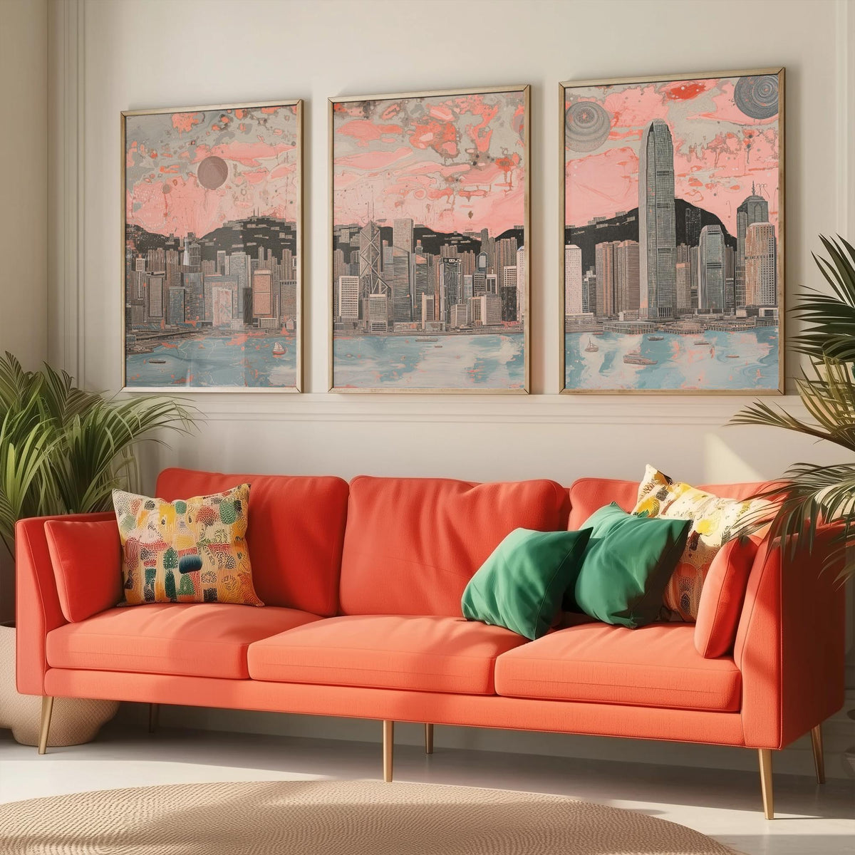 Hong Kong China Skyline Set of Three Prints | Two IFC Bank of China Tower Dusk | Panoramic Harbour Wall Art Poster Painting