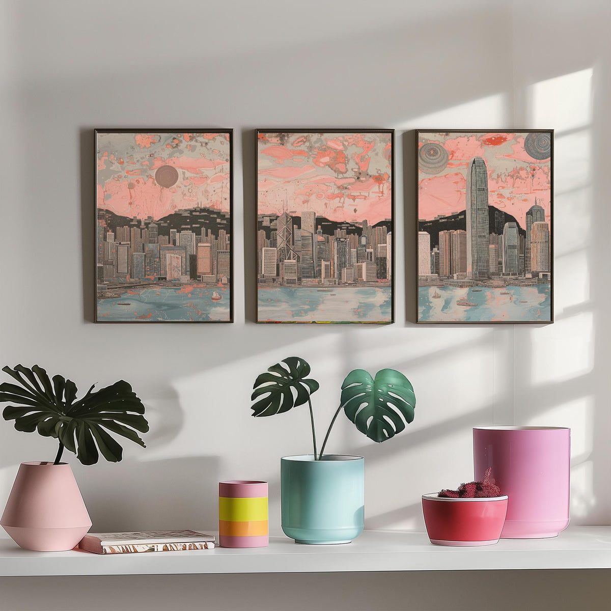 Hong Kong China Skyline Set of Three Prints | Two IFC Bank of China Tower Dusk | Panoramic Harbour Wall Art Poster Painting