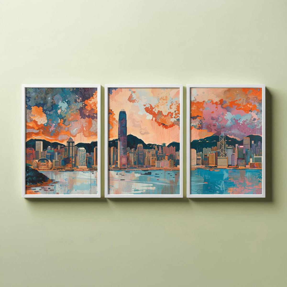 Hong Kong Skyline Set of Three Prints | Two IFC Bank of China Tower Victoria Harbour | Cityscape Wall Art Poster Illustration