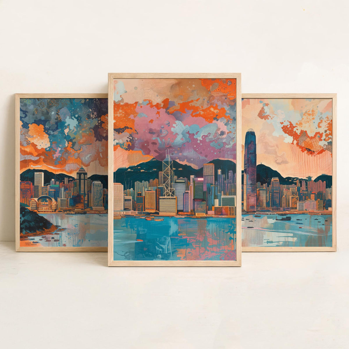 Hong Kong Skyline Set of Three Prints | Two IFC Bank of China Tower Victoria Harbour | Cityscape Wall Art Poster Illustration