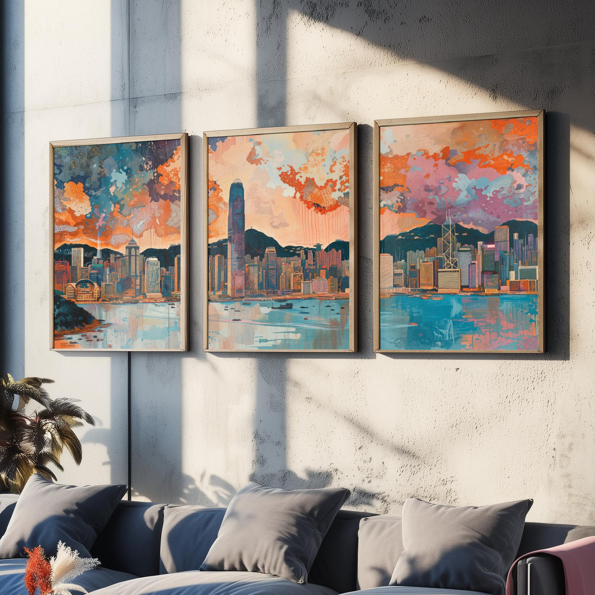 Hong Kong Skyline Set of Three Prints | Two IFC Bank of China Tower Victoria Harbour | Cityscape Wall Art Poster Illustration