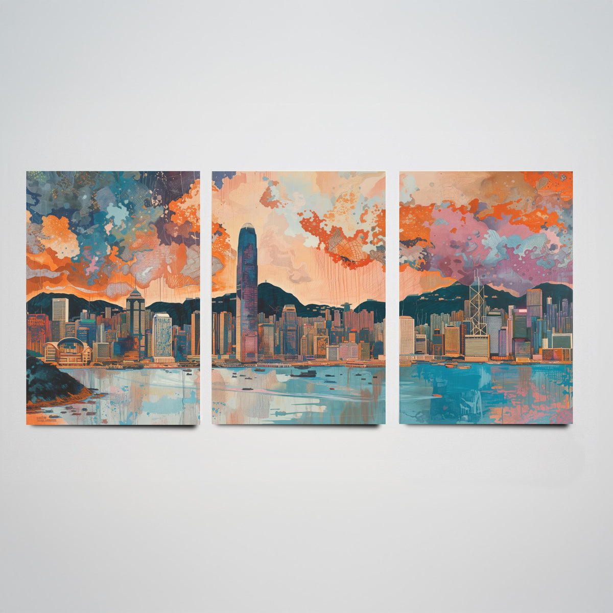 Hong Kong Skyline Set of Three Prints | Two IFC Bank of China Tower Victoria Harbour | Cityscape Wall Art Poster Illustration