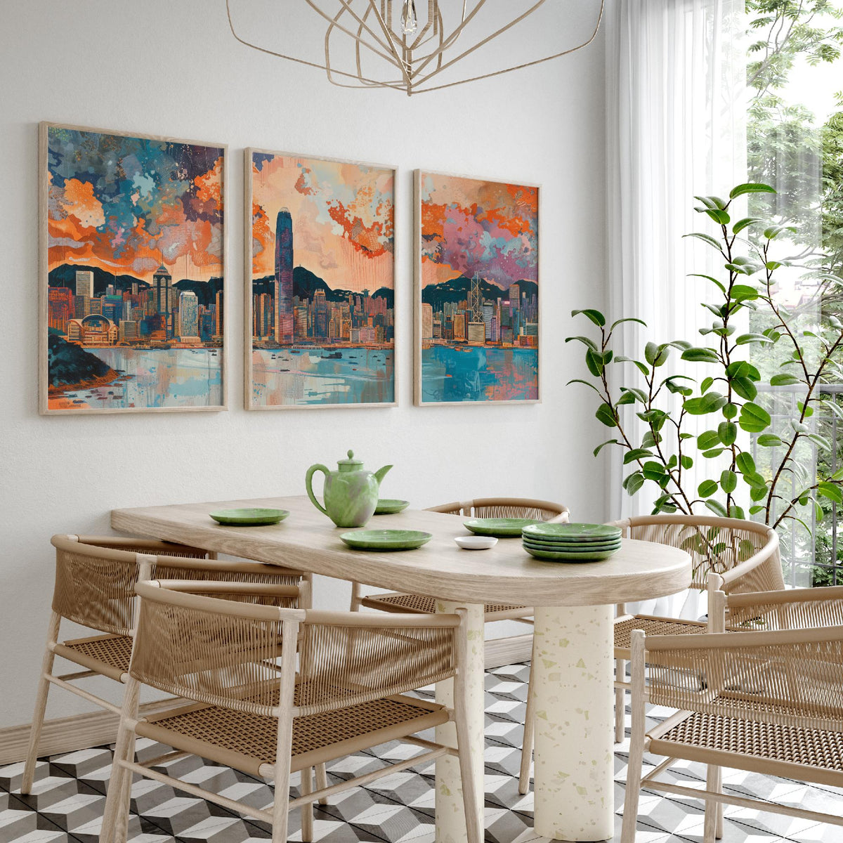 Hong Kong Skyline Set of Three Prints | Two IFC Bank of China Tower Victoria Harbour | Cityscape Wall Art Poster Illustration