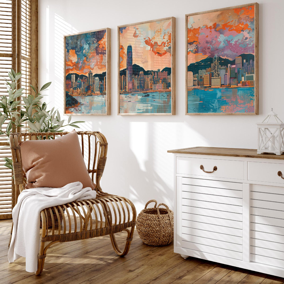Hong Kong Skyline Set of Three Prints | Two IFC Bank of China Tower Victoria Harbour | Cityscape Wall Art Poster Illustration