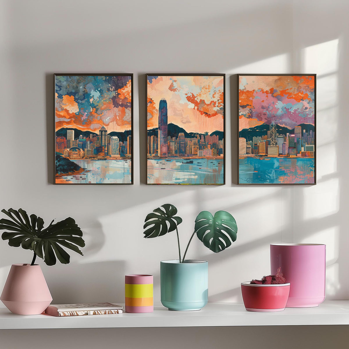 Hong Kong Skyline Set of Three Prints | Two IFC Bank of China Tower Victoria Harbour | Cityscape Wall Art Poster Illustration