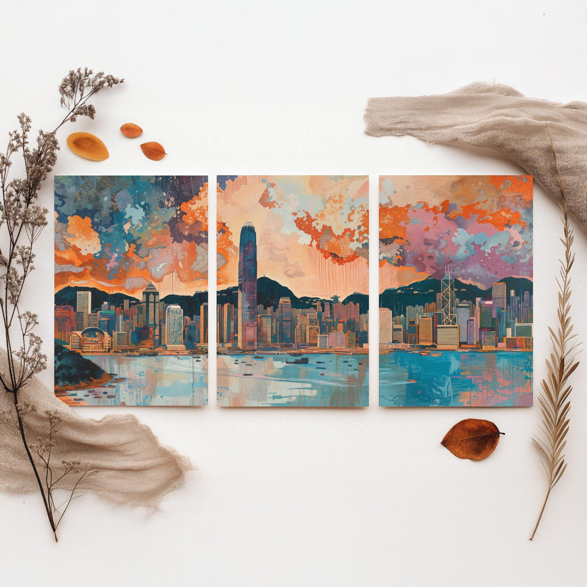 Hong Kong Skyline Set of Three Prints | Two IFC Bank of China Tower Victoria Harbour | Cityscape Wall Art Poster Illustration