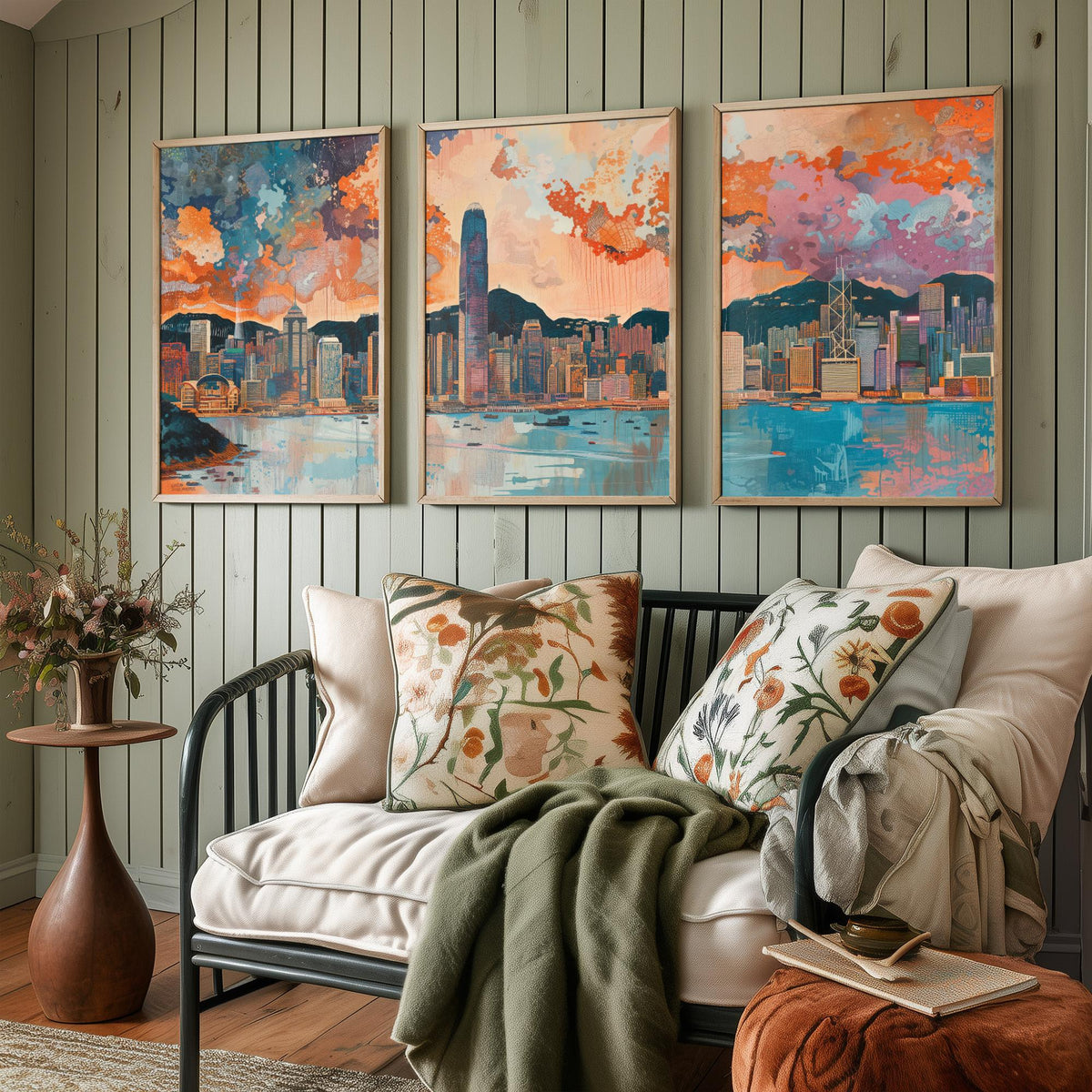Hong Kong Skyline Set of Three Prints | Two IFC Bank of China Tower Victoria Harbour | Cityscape Wall Art Poster Illustration