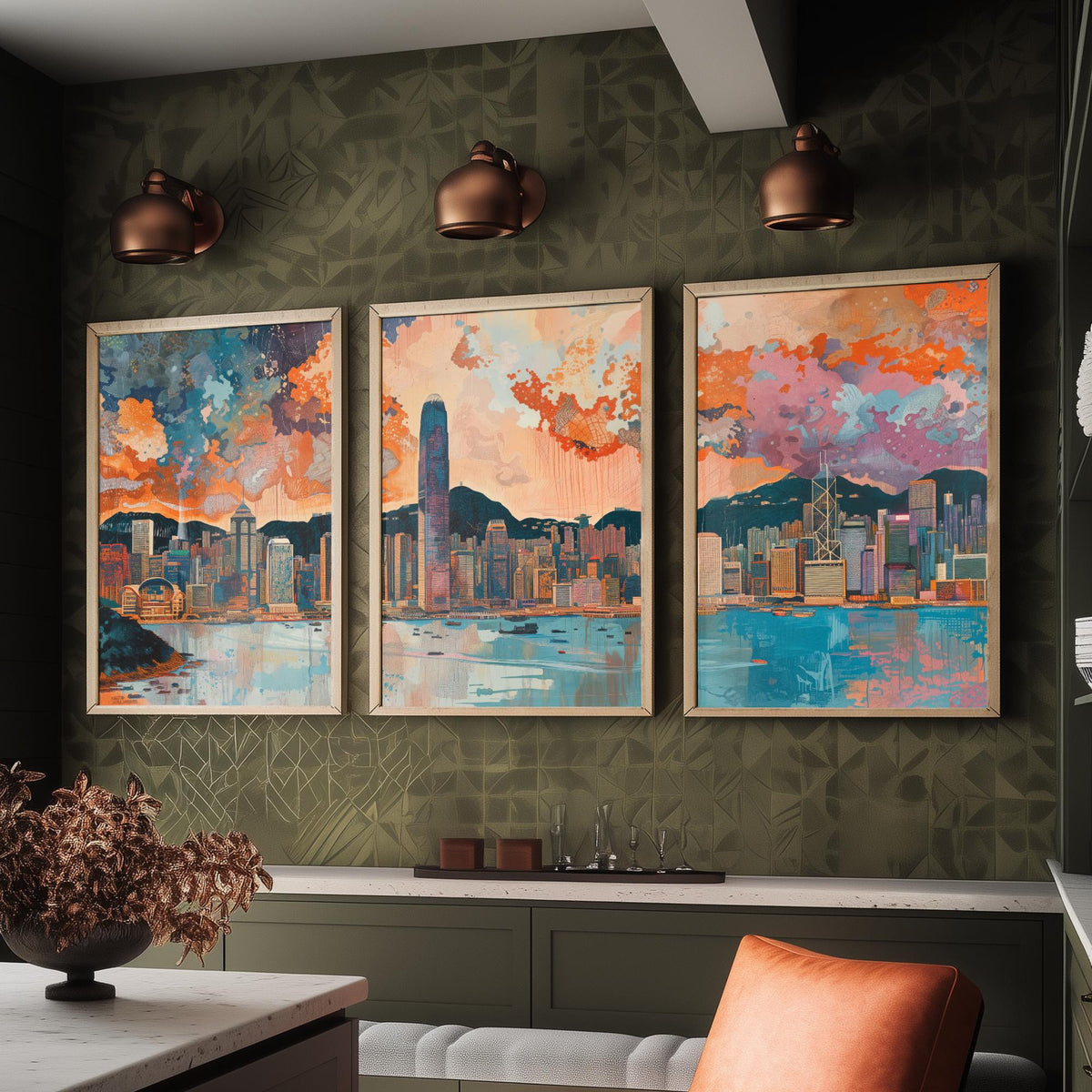 Hong Kong Skyline Set of Three Prints | Two IFC Bank of China Tower Victoria Harbour | Cityscape Wall Art Poster Illustration