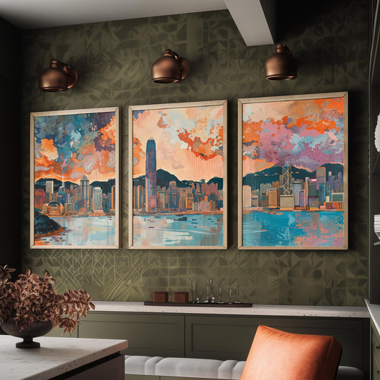 Hong Kong Skyline Set of Three Prints | Two IFC Bank of China Tower Victoria Harbour | Cityscape Wall Art Poster Illustration