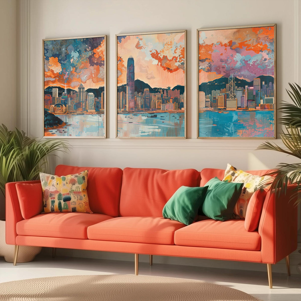 Hong Kong Skyline Set of Three Prints | Two IFC Bank of China Tower Victoria Harbour | Cityscape Wall Art Poster Illustration