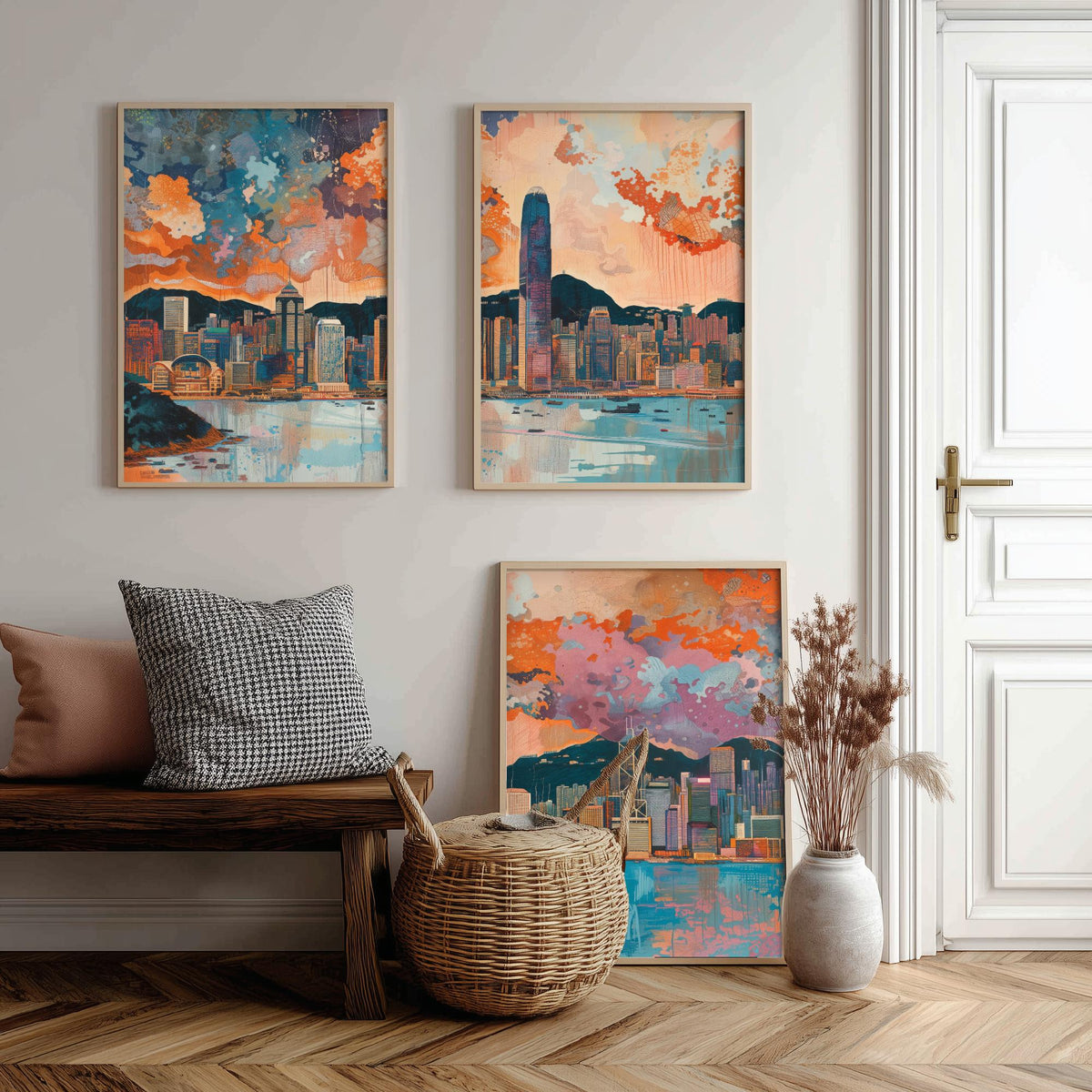 Hong Kong Skyline Set of Three Prints | Two IFC Bank of China Tower Victoria Harbour | Cityscape Wall Art Poster Illustration