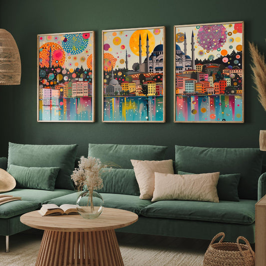 Istanbul Turkey Skyline Set of Three Prints | Camlica Mosque Bosphorus Blue Mosque | Panoramic Cityscape Wall Art Poster Painting
