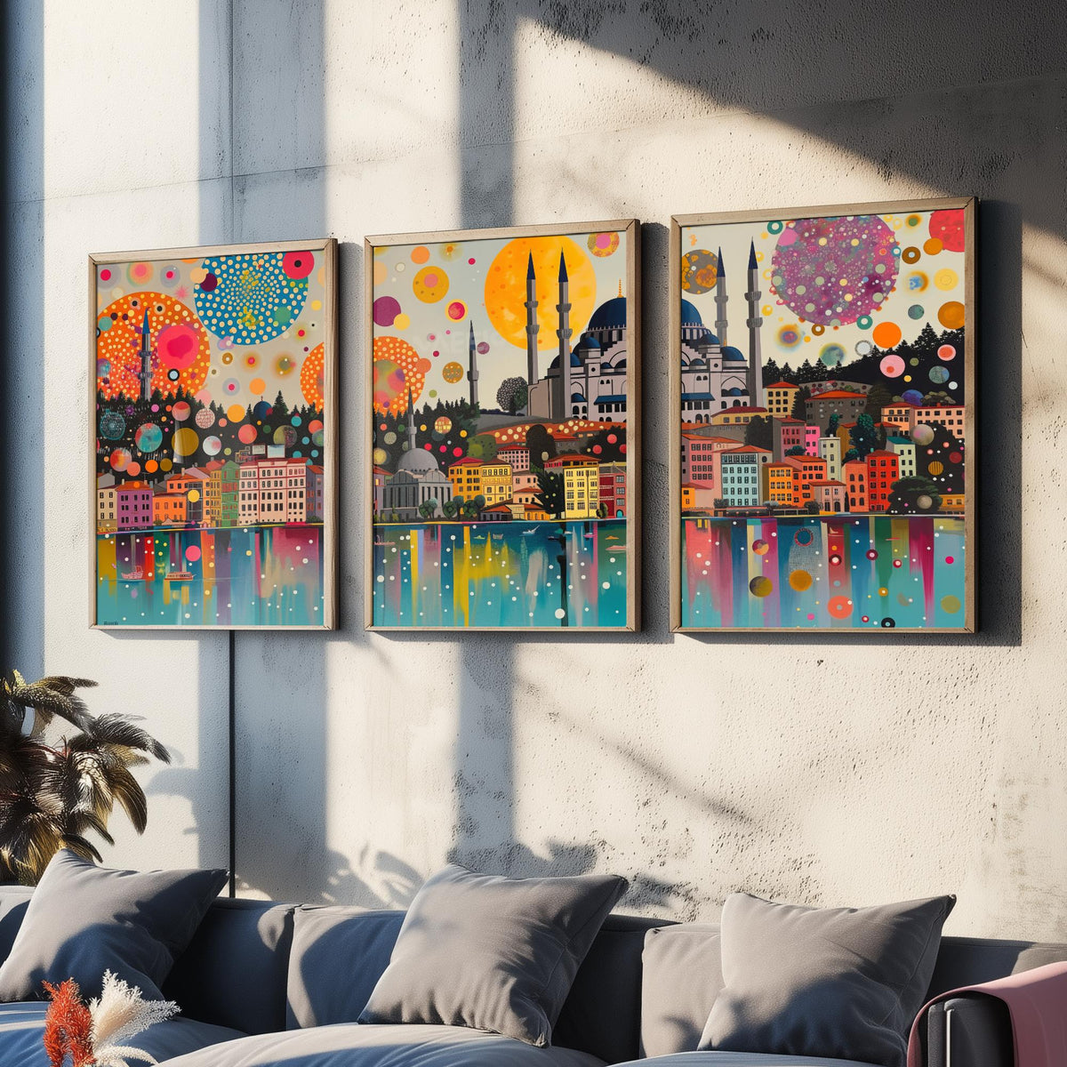 Istanbul Turkey Skyline Set of Three Prints | Camlica Mosque Bosphorus Blue Mosque | Panoramic Cityscape Wall Art Poster Painting