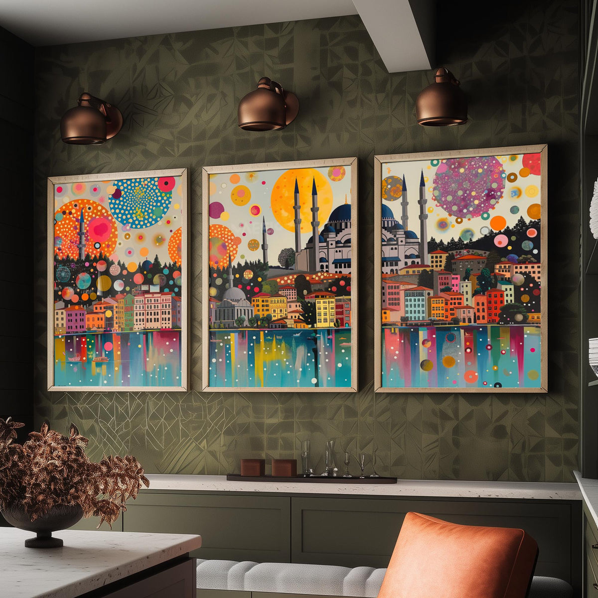 Istanbul Turkey Skyline Set of Three Prints | Camlica Mosque Bosphorus Blue Mosque | Panoramic Cityscape Wall Art Poster Painting
