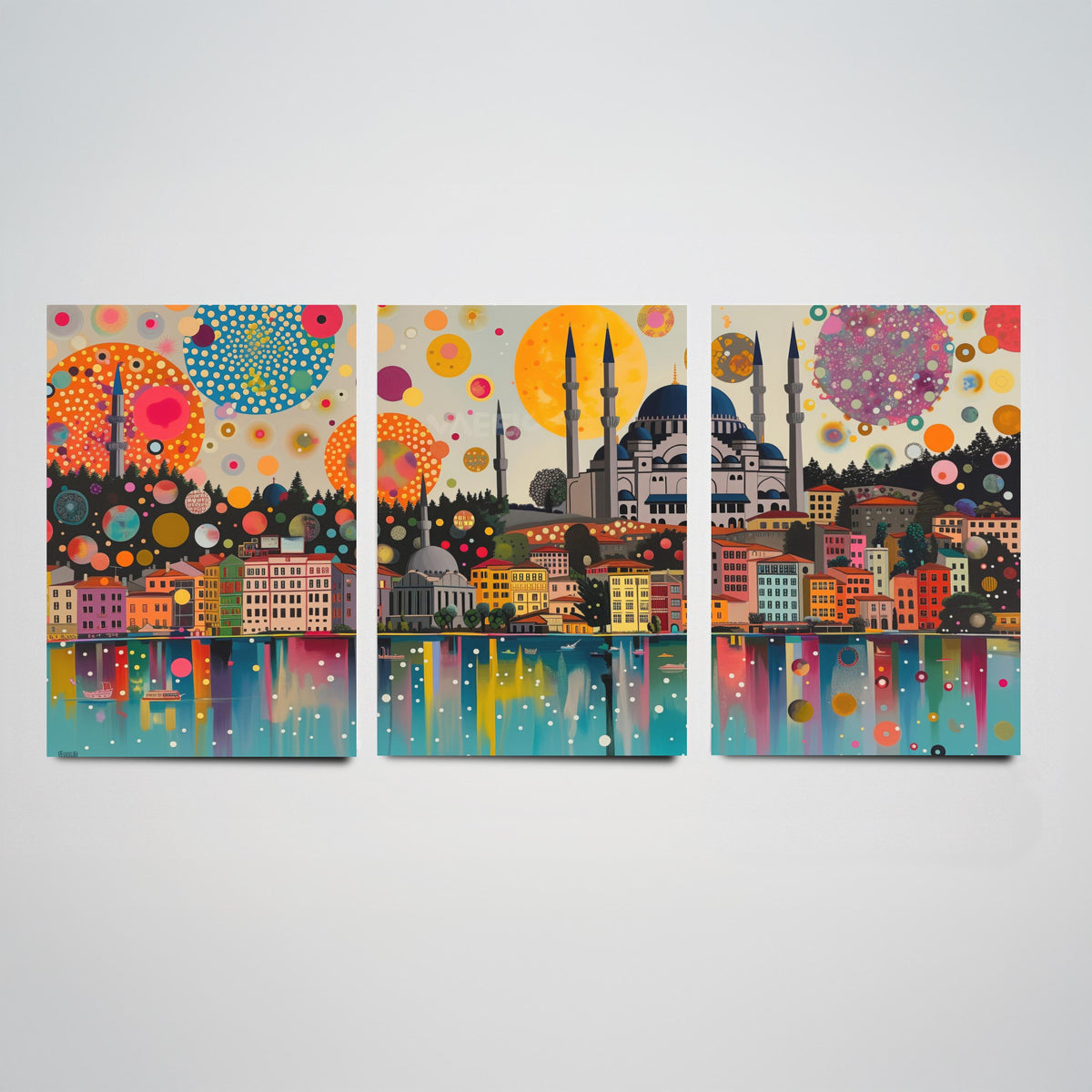 Istanbul Turkey Skyline Set of Three Prints | Camlica Mosque Bosphorus Blue Mosque | Panoramic Cityscape Wall Art Poster Painting