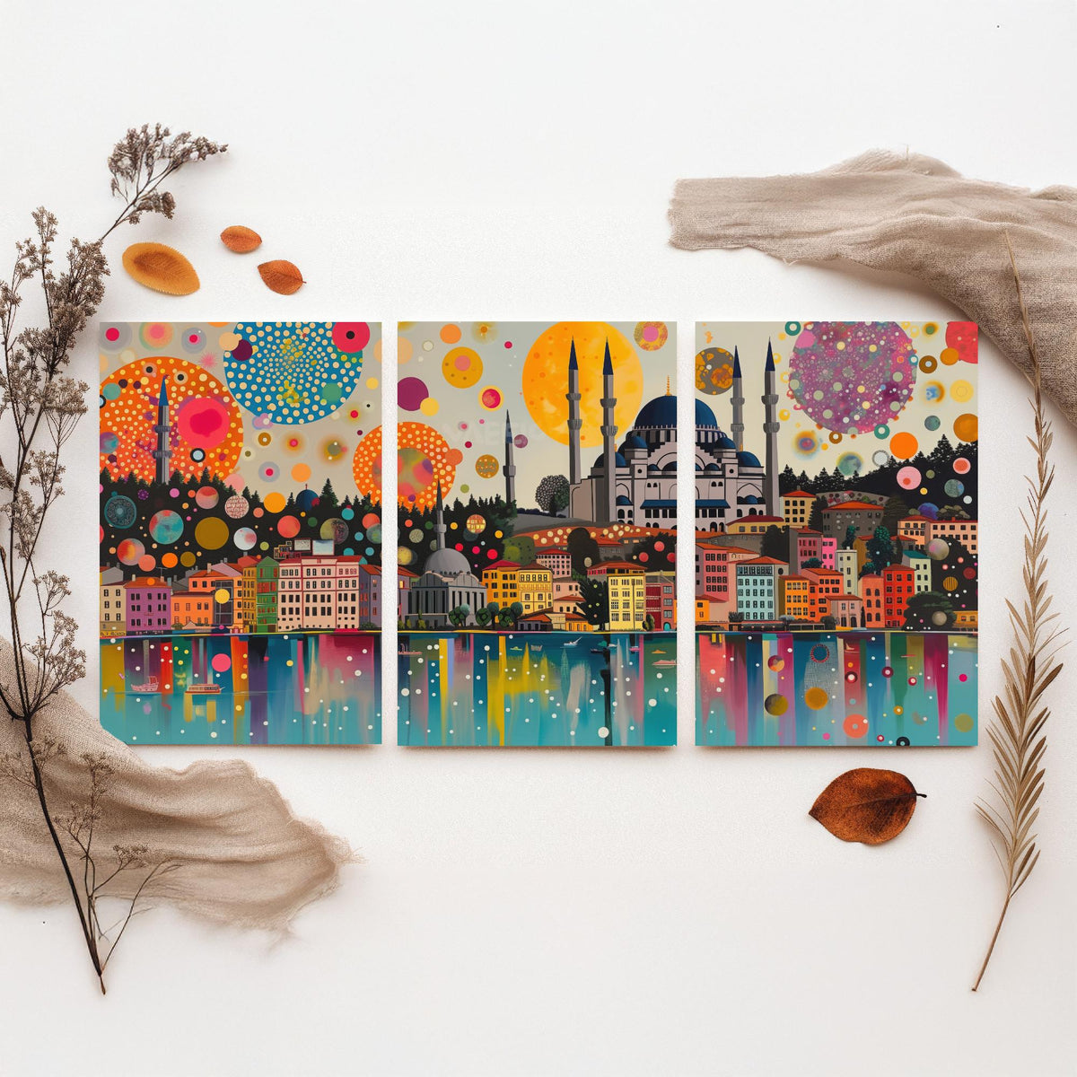 Istanbul Turkey Skyline Set of Three Prints | Camlica Mosque Bosphorus Blue Mosque | Panoramic Cityscape Wall Art Poster Painting