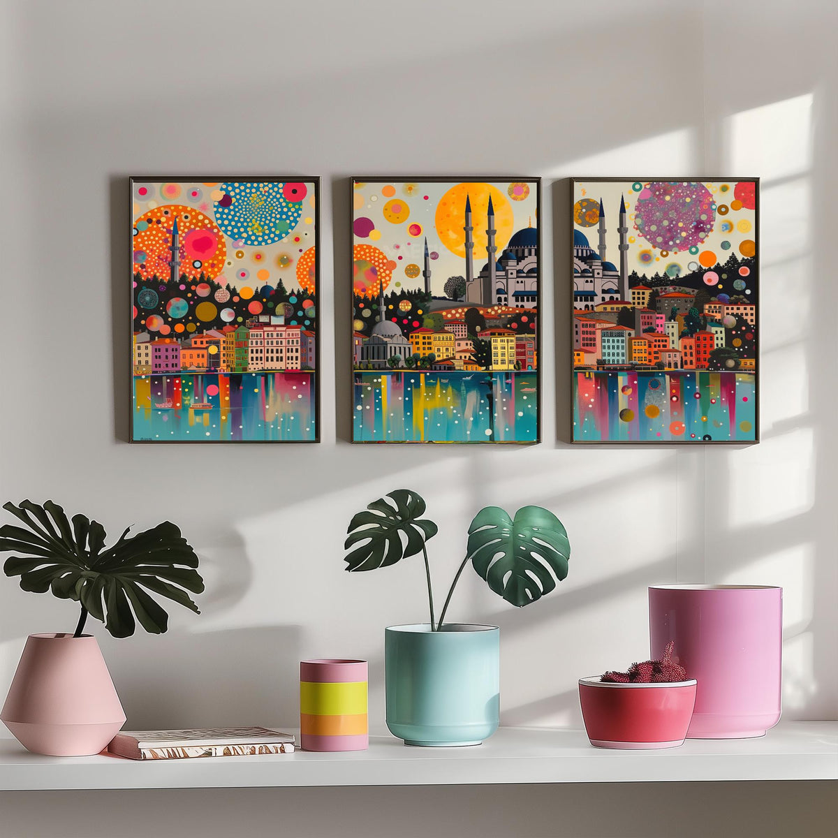 Istanbul Turkey Skyline Set of Three Prints | Camlica Mosque Bosphorus Blue Mosque | Panoramic Cityscape Wall Art Poster Painting