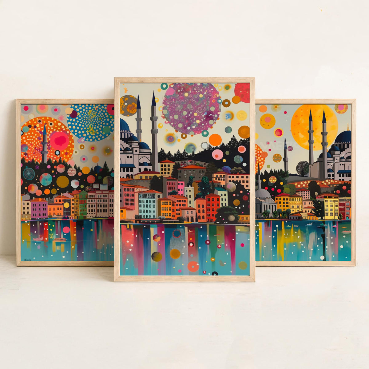 Istanbul Turkey Skyline Set of Three Prints | Camlica Mosque Bosphorus Blue Mosque | Panoramic Cityscape Wall Art Poster Painting