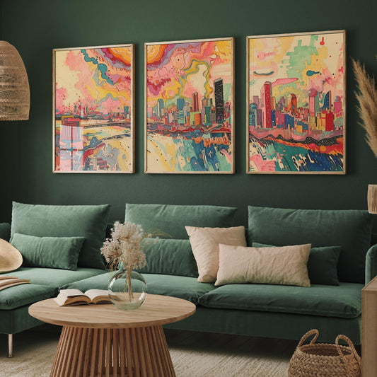 Johannesburg South Africa Set of Three Prints | Carlton Centre Ponte Tower Skyline | Colourful Cityscape Art Print Poster Painting