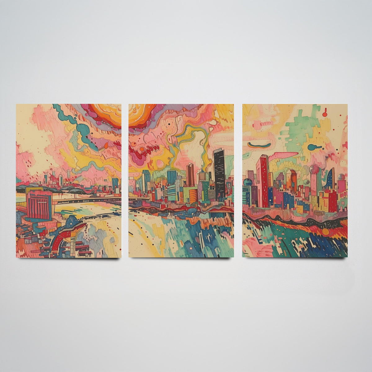 Johannesburg South Africa Set of Three Prints | Carlton Centre Ponte Tower Skyline | Colourful Cityscape Art Print Poster Painting