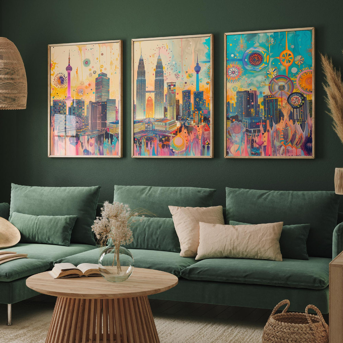 Kuala Lumpur Malaysia Set of Three Prints | Petronas Towers KL Tower Skyline | Vibrant Cityscape Art Print Poster Illustration
