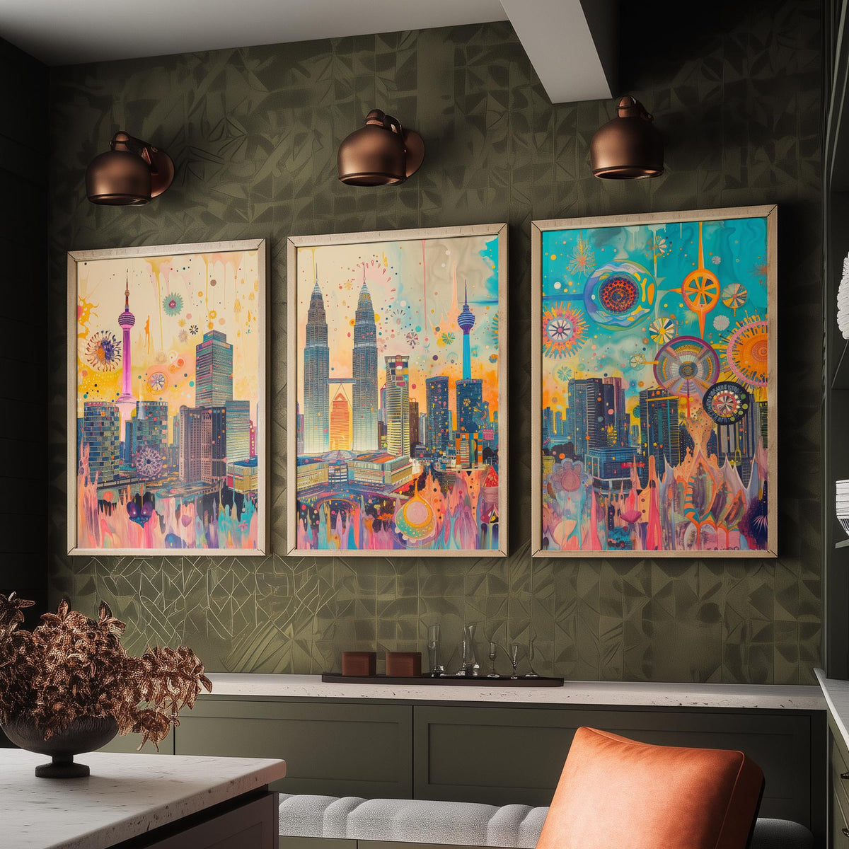 Kuala Lumpur Malaysia Set of Three Prints | Petronas Towers KL Tower Skyline | Vibrant Cityscape Art Print Poster Illustration