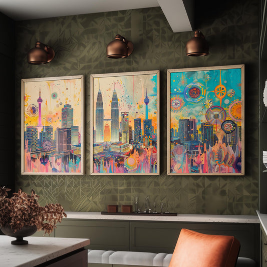 Kuala Lumpur Malaysia Set of Three Prints | Petronas Towers KL Tower Skyline | Vibrant Cityscape Art Print Poster Illustration
