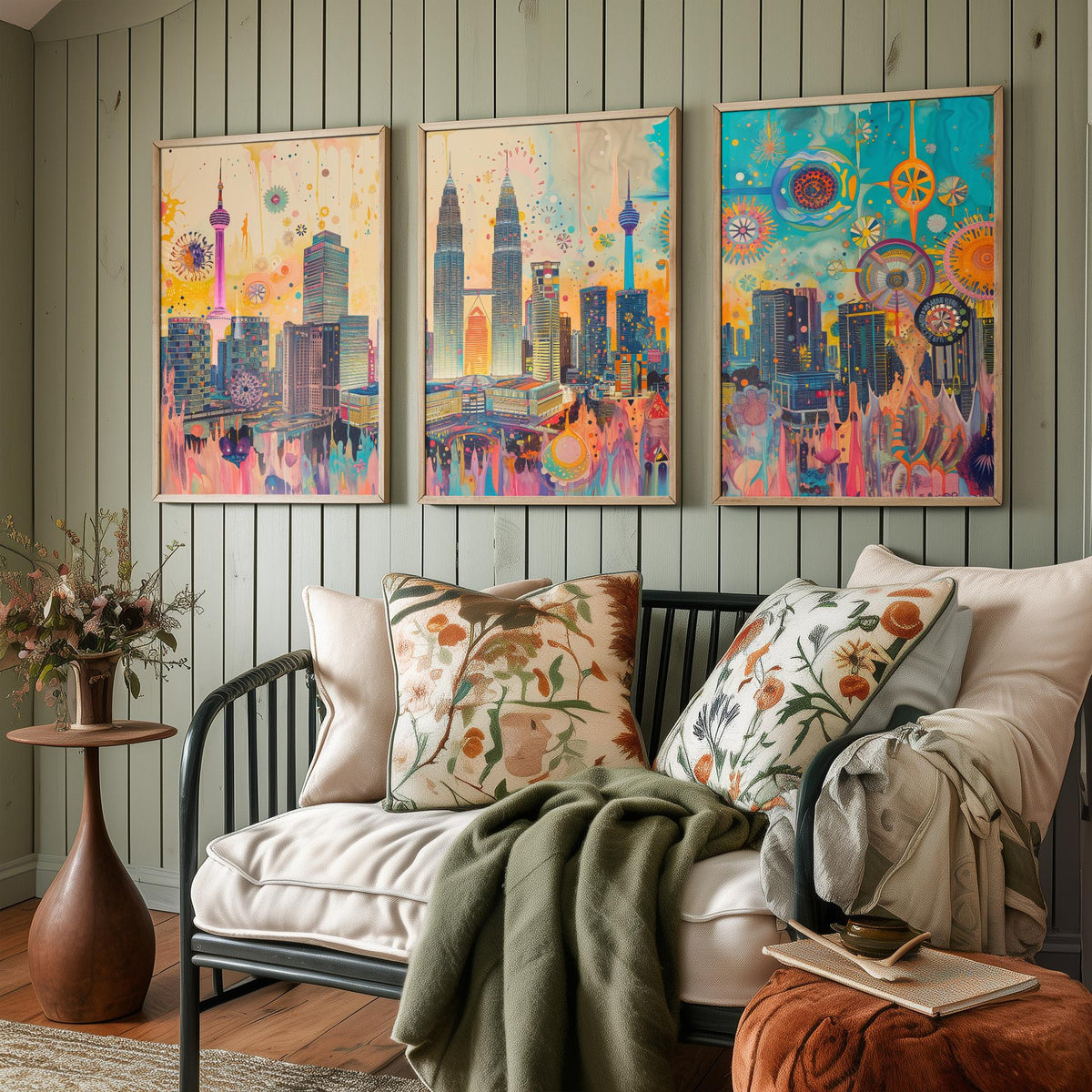 Kuala Lumpur Malaysia Set of Three Prints | Petronas Towers KL Tower Skyline | Vibrant Cityscape Art Print Poster Illustration