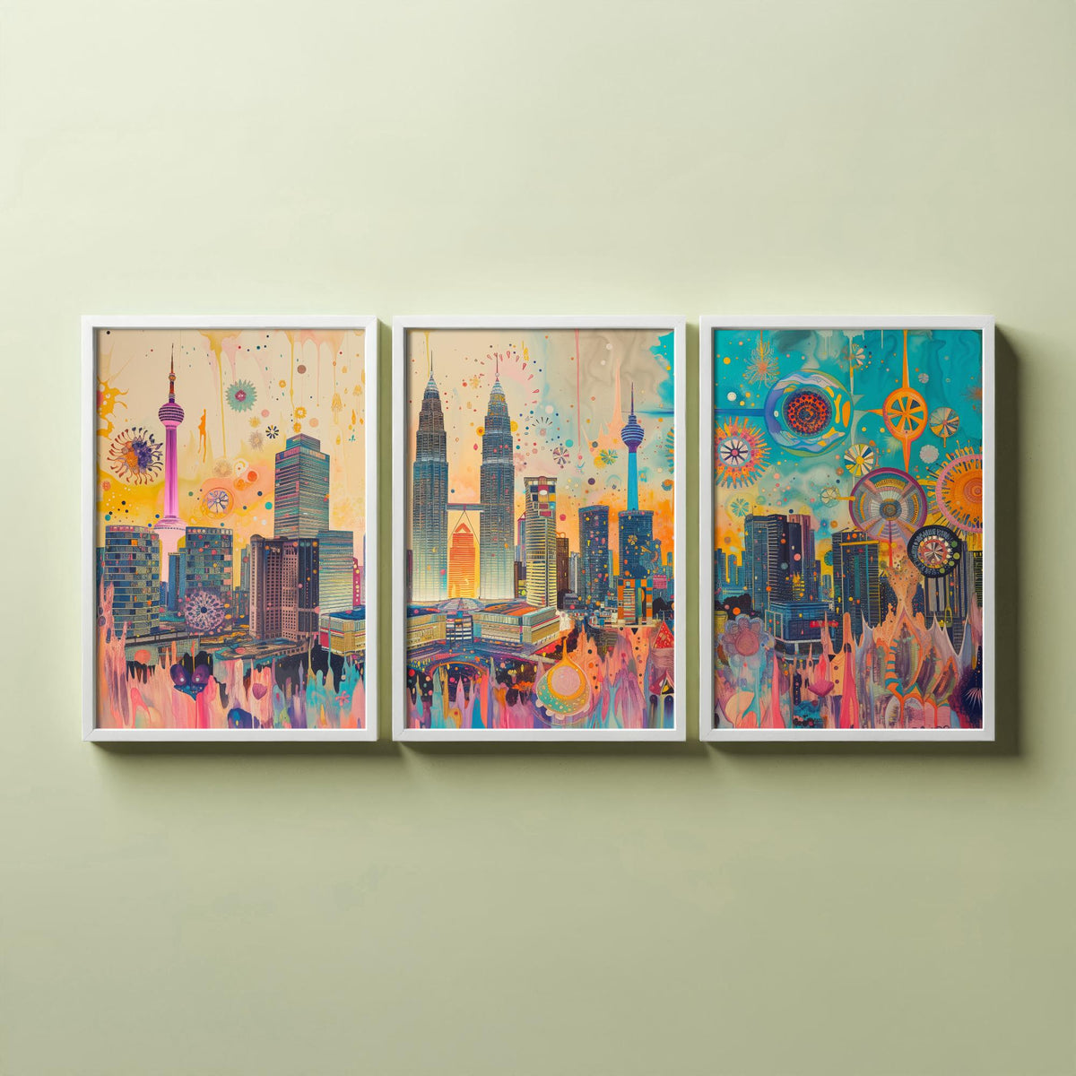 Kuala Lumpur Malaysia Set of Three Prints | Petronas Towers KL Tower Skyline | Vibrant Cityscape Art Print Poster Illustration