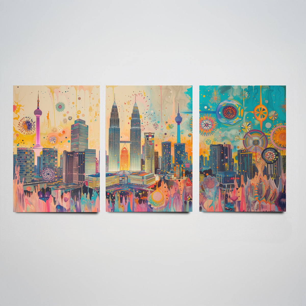 Kuala Lumpur Malaysia Set of Three Prints | Petronas Towers KL Tower Skyline | Vibrant Cityscape Art Print Poster Illustration