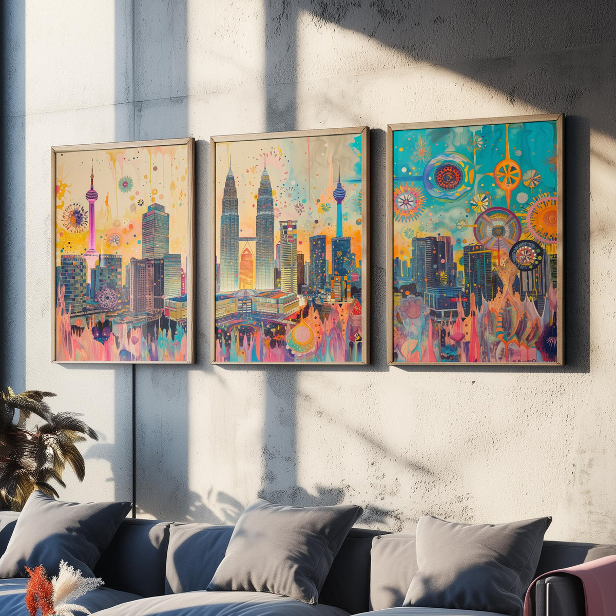 Kuala Lumpur Malaysia Set of Three Prints | Petronas Towers KL Tower Skyline | Vibrant Cityscape Art Print Poster Illustration