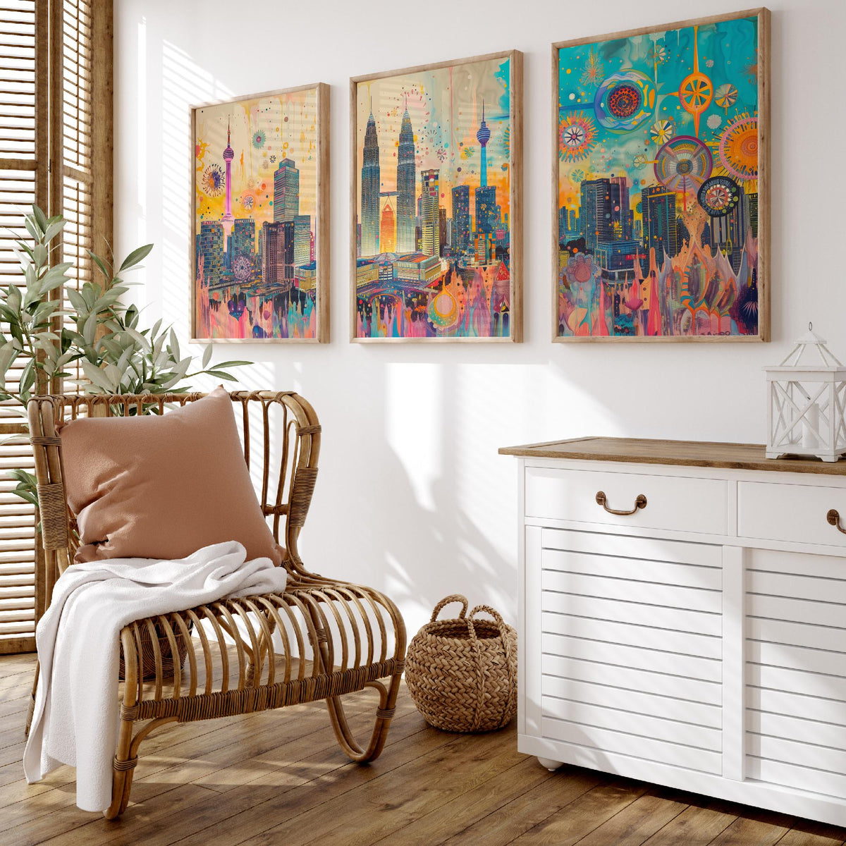 Kuala Lumpur Malaysia Set of Three Prints | Petronas Towers KL Tower Skyline | Vibrant Cityscape Art Print Poster Illustration