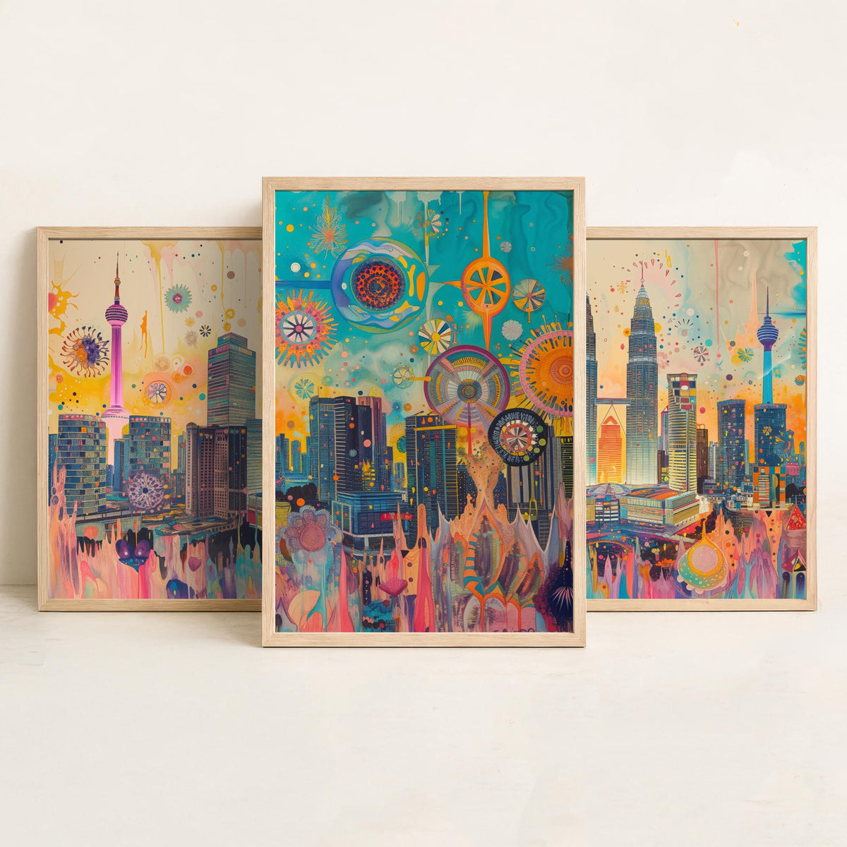 Kuala Lumpur Malaysia Set of Three Prints | Petronas Towers KL Tower Skyline | Vibrant Cityscape Art Print Poster Illustration