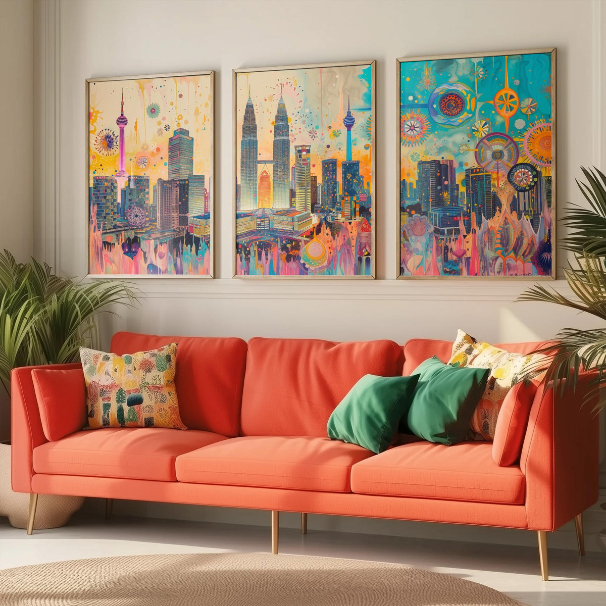 Kuala Lumpur Malaysia Set of Three Prints | Petronas Towers KL Tower Skyline | Vibrant Cityscape Art Print Poster Illustration