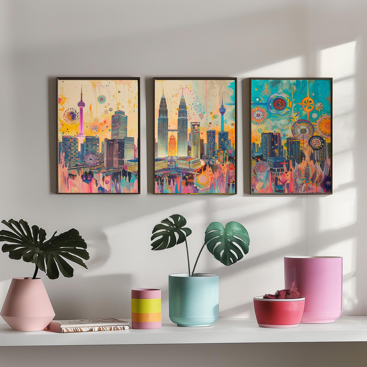 Kuala Lumpur Malaysia Set of Three Prints | Petronas Towers KL Tower Skyline | Vibrant Cityscape Art Print Poster Illustration
