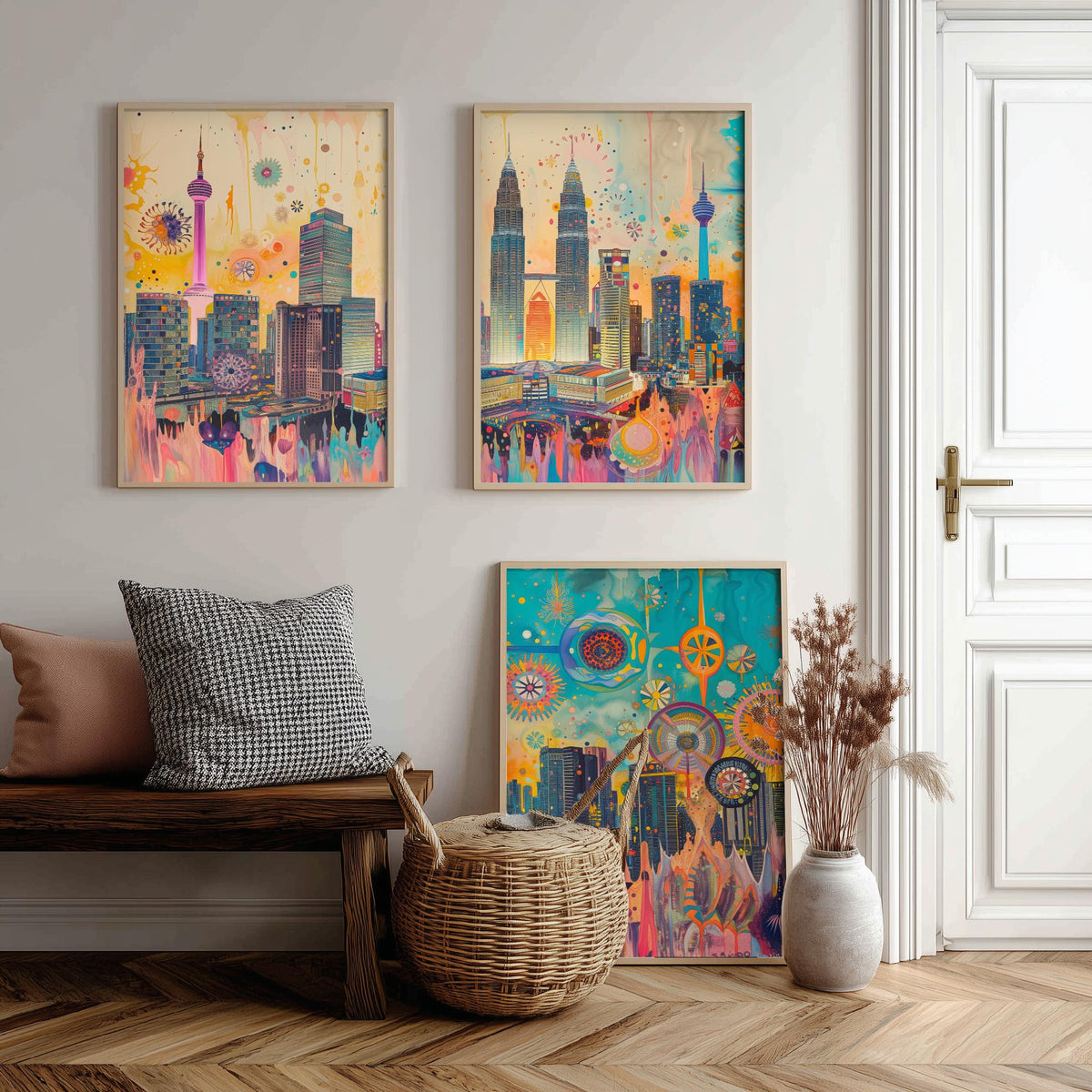 Kuala Lumpur Malaysia Set of Three Prints | Petronas Towers KL Tower Skyline | Vibrant Cityscape Art Print Poster Illustration