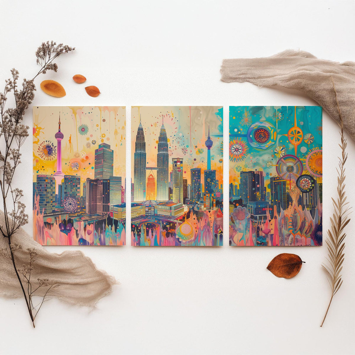 Kuala Lumpur Malaysia Set of Three Prints | Petronas Towers KL Tower Skyline | Vibrant Cityscape Art Print Poster Illustration