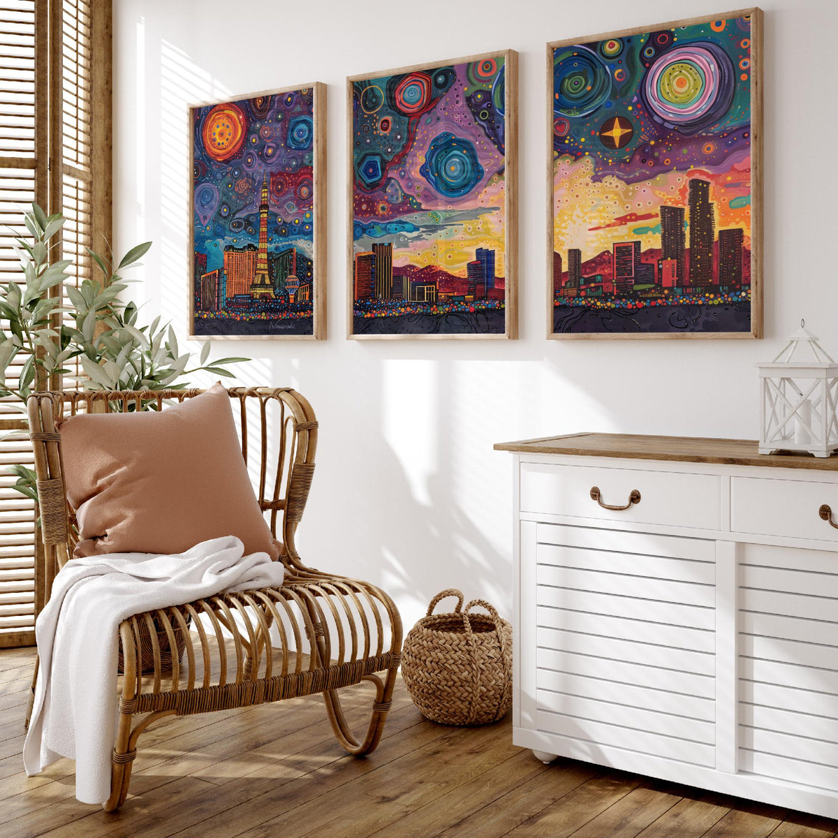 Las Vegas Nevada Set of Three Prints | Strip Eiffel Tower Casino Skyline | Starry Night Cityscape Art Print Poster Painting