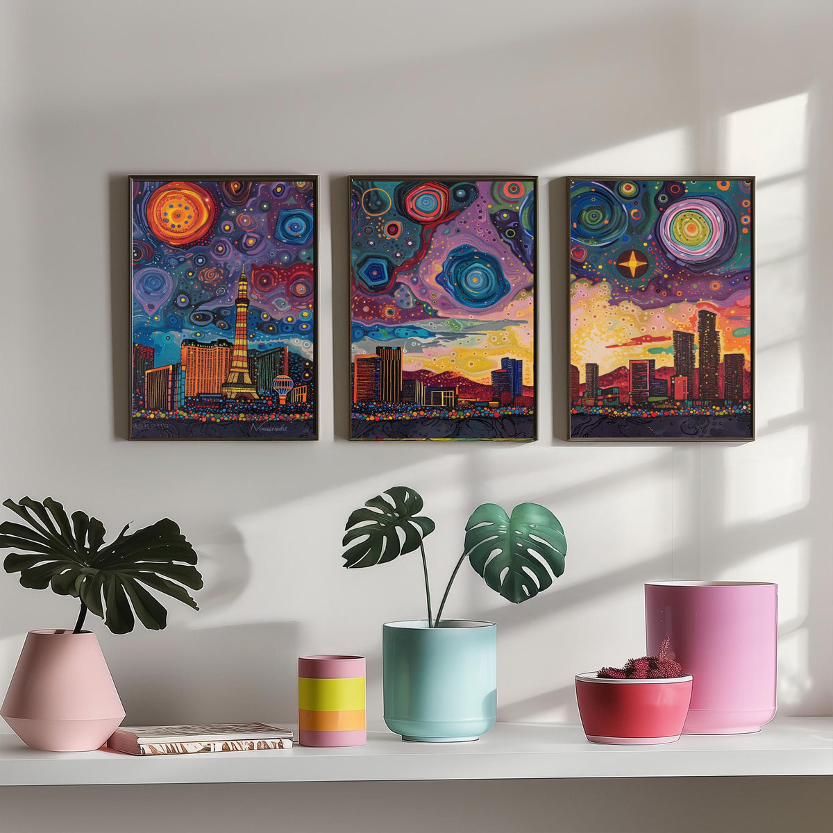 Las Vegas Nevada Set of Three Prints | Strip Eiffel Tower Casino Skyline | Starry Night Cityscape Art Print Poster Painting