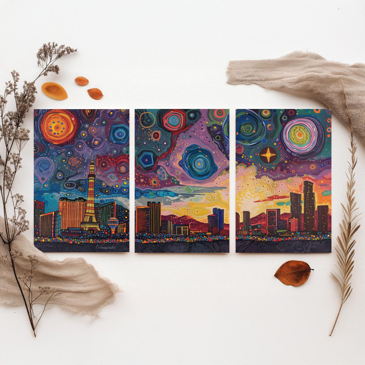 Las Vegas Nevada Set of Three Prints | Strip Eiffel Tower Casino Skyline | Starry Night Cityscape Art Print Poster Painting