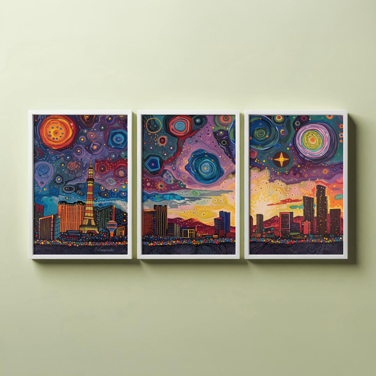 Las Vegas Nevada Set of Three Prints | Strip Eiffel Tower Casino Skyline | Starry Night Cityscape Art Print Poster Painting