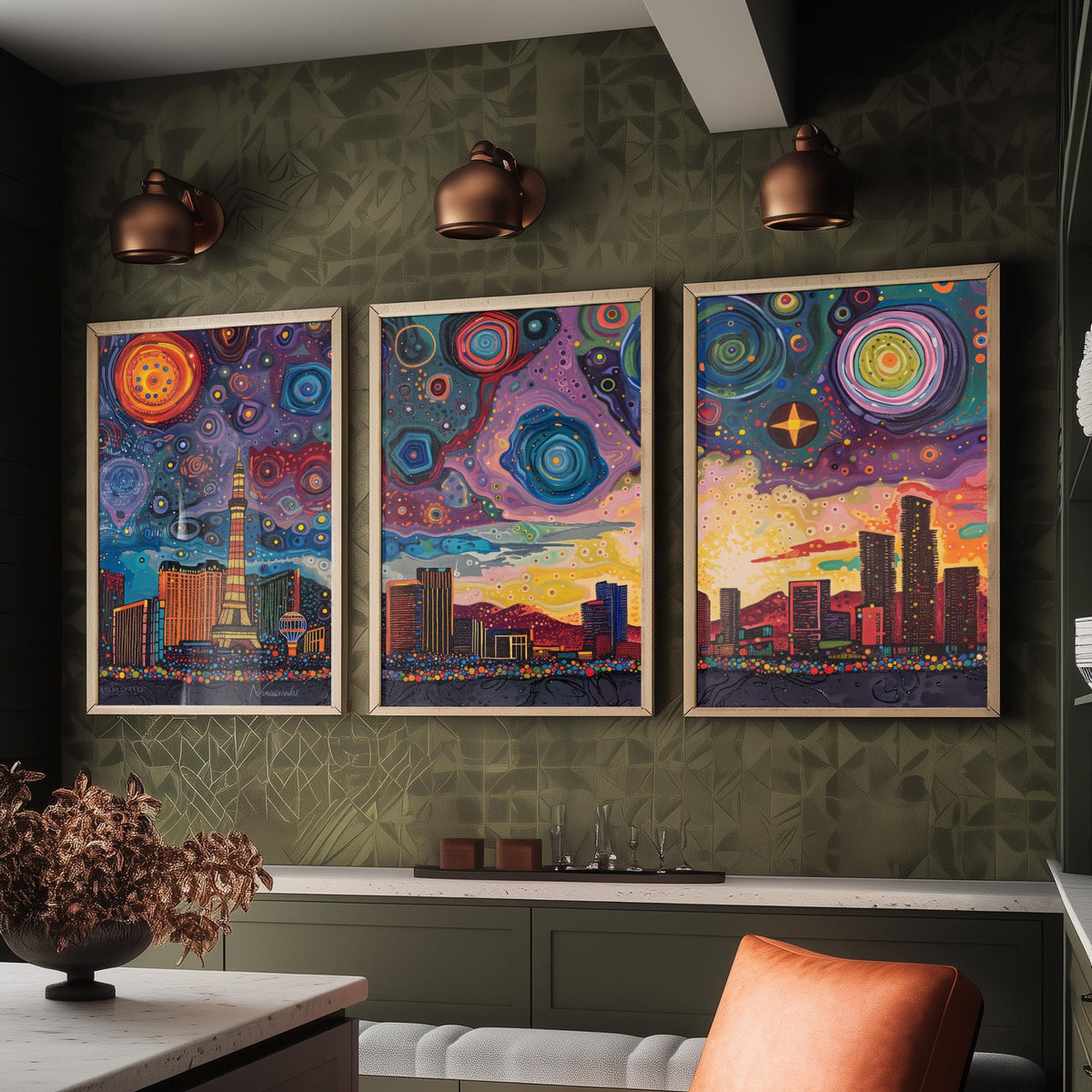 Las Vegas Nevada Set of Three Prints | Strip Eiffel Tower Casino Skyline | Starry Night Cityscape Art Print Poster Painting