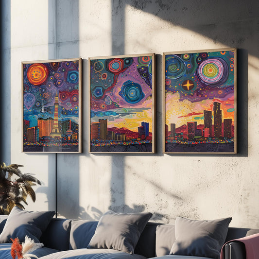 Las Vegas Nevada Set of Three Prints | Strip Eiffel Tower Casino Skyline | Starry Night Cityscape Art Print Poster Painting