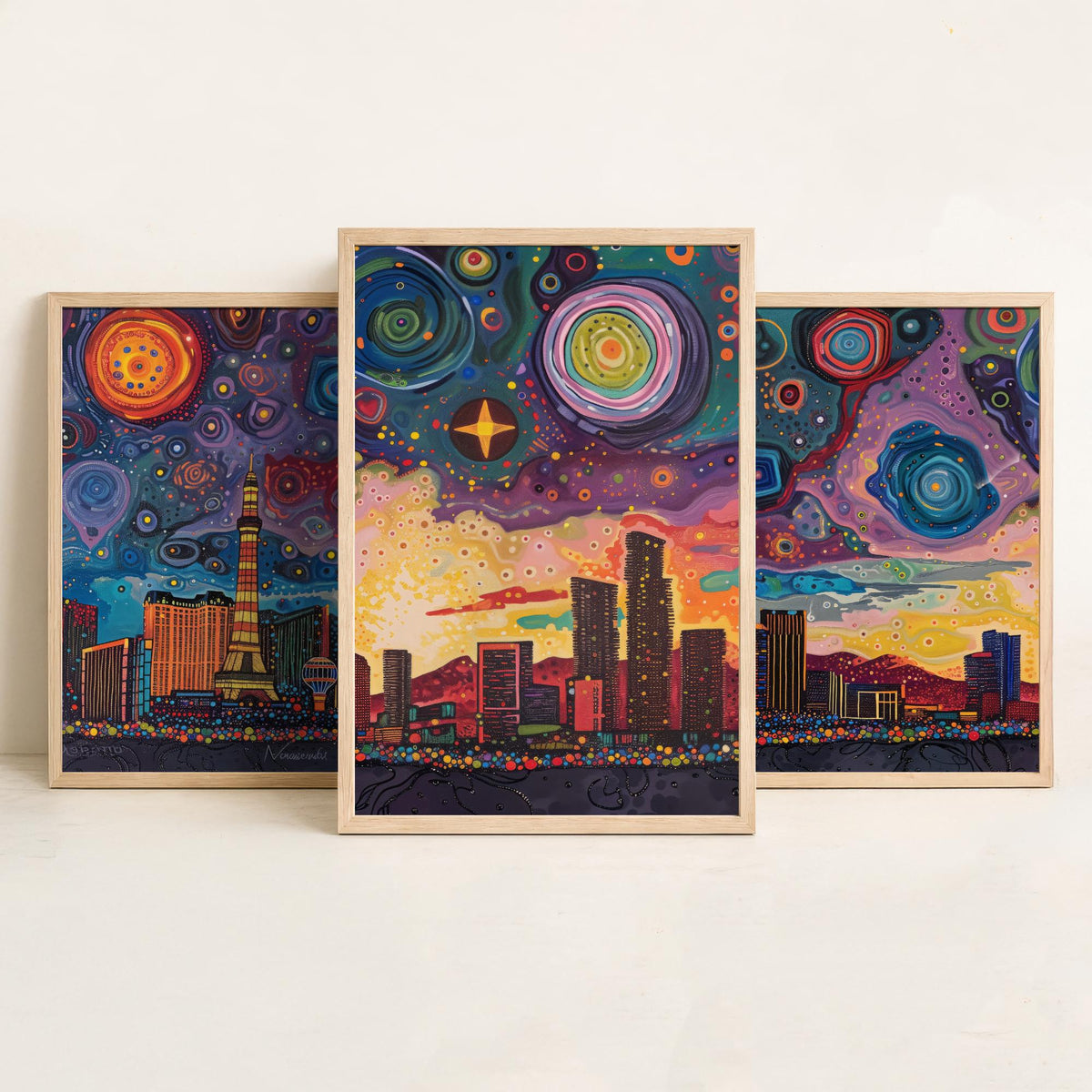 Las Vegas Nevada Set of Three Prints | Strip Eiffel Tower Casino Skyline | Starry Night Cityscape Art Print Poster Painting