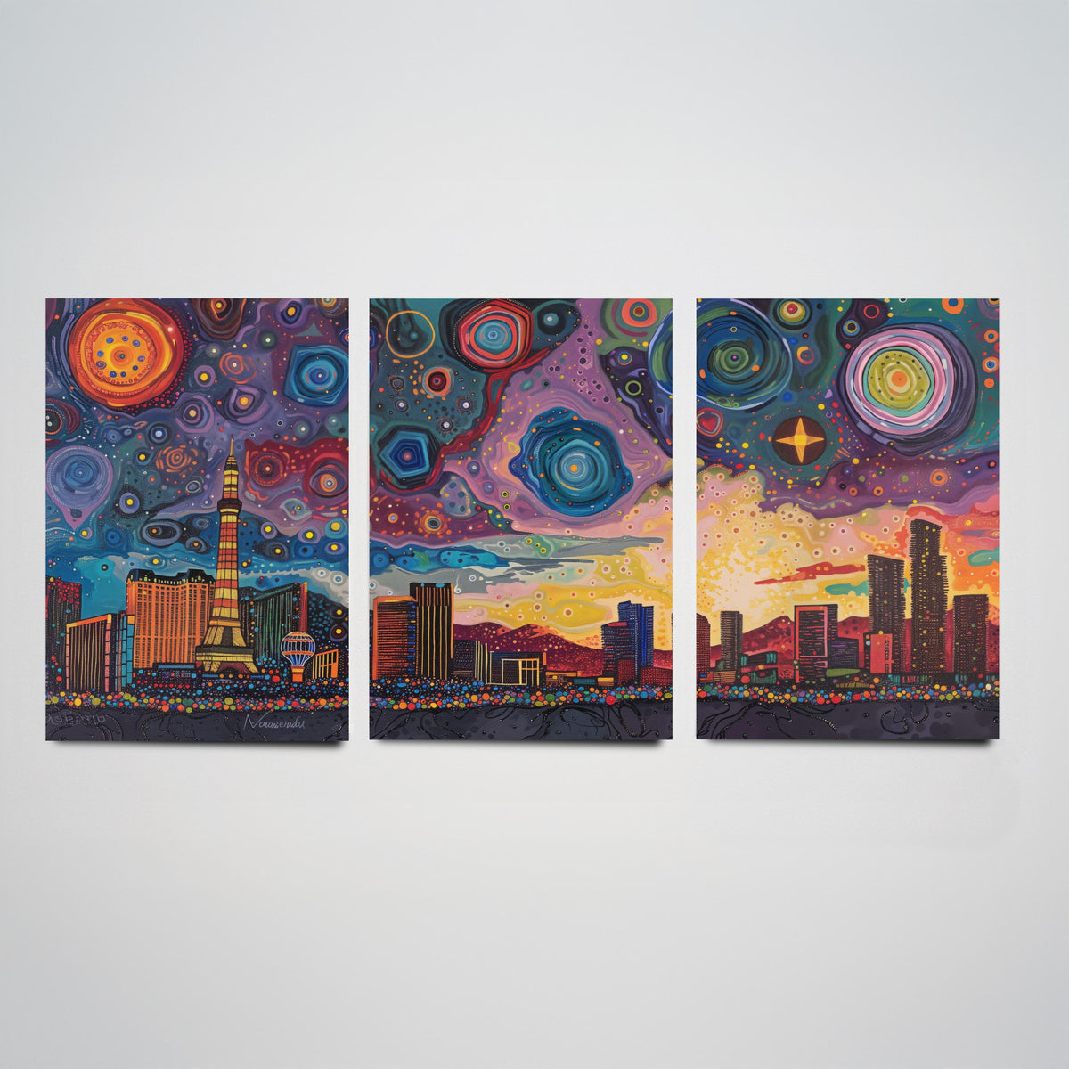 Las Vegas Nevada Set of Three Prints | Strip Eiffel Tower Casino Skyline | Starry Night Cityscape Art Print Poster Painting